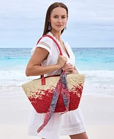 Patricia Nash Calypso Medium Woven Straw Tote with Greek Floral Scarf