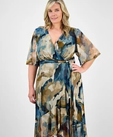 Connected Plus Printed Tie-Waist Ruffle-Hem Dress
