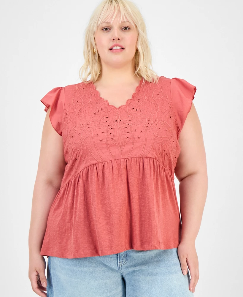 Democracy Trendy Plus Embroidered Flutter Sleeve Blouse