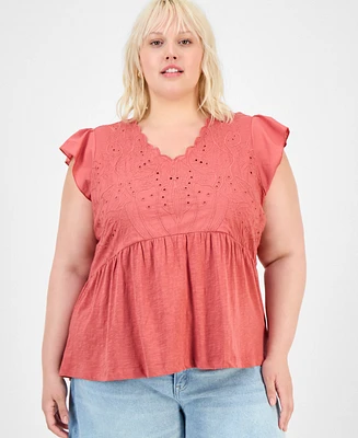 Democracy Trendy Plus Embroidered Flutter Sleeve Blouse