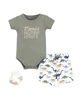Hudson Baby Baby Boys Hudson Bodysuit, Short and Sock, Mamas Sage Dino