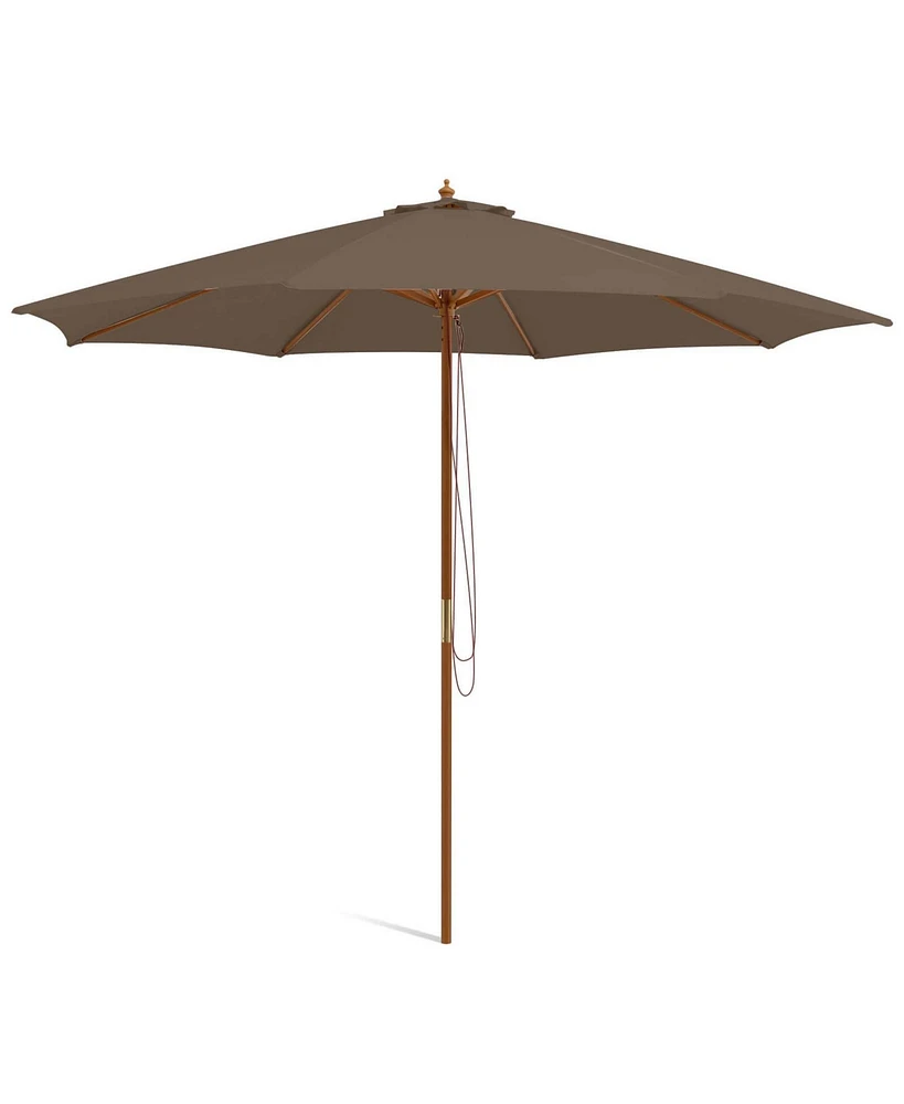 Gymax 10FT Wooden Market Table Umbrella Pulley Sunshade Canopy w/8 Bamboo Ribs