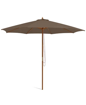 Gymax 10FT Wooden Market Table Umbrella Pulley Sunshade Canopy w/8 Bamboo Ribs