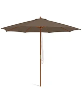 Gymax 10FT Wooden Market Table Umbrella Pulley Sunshade Canopy w/8 Bamboo Ribs