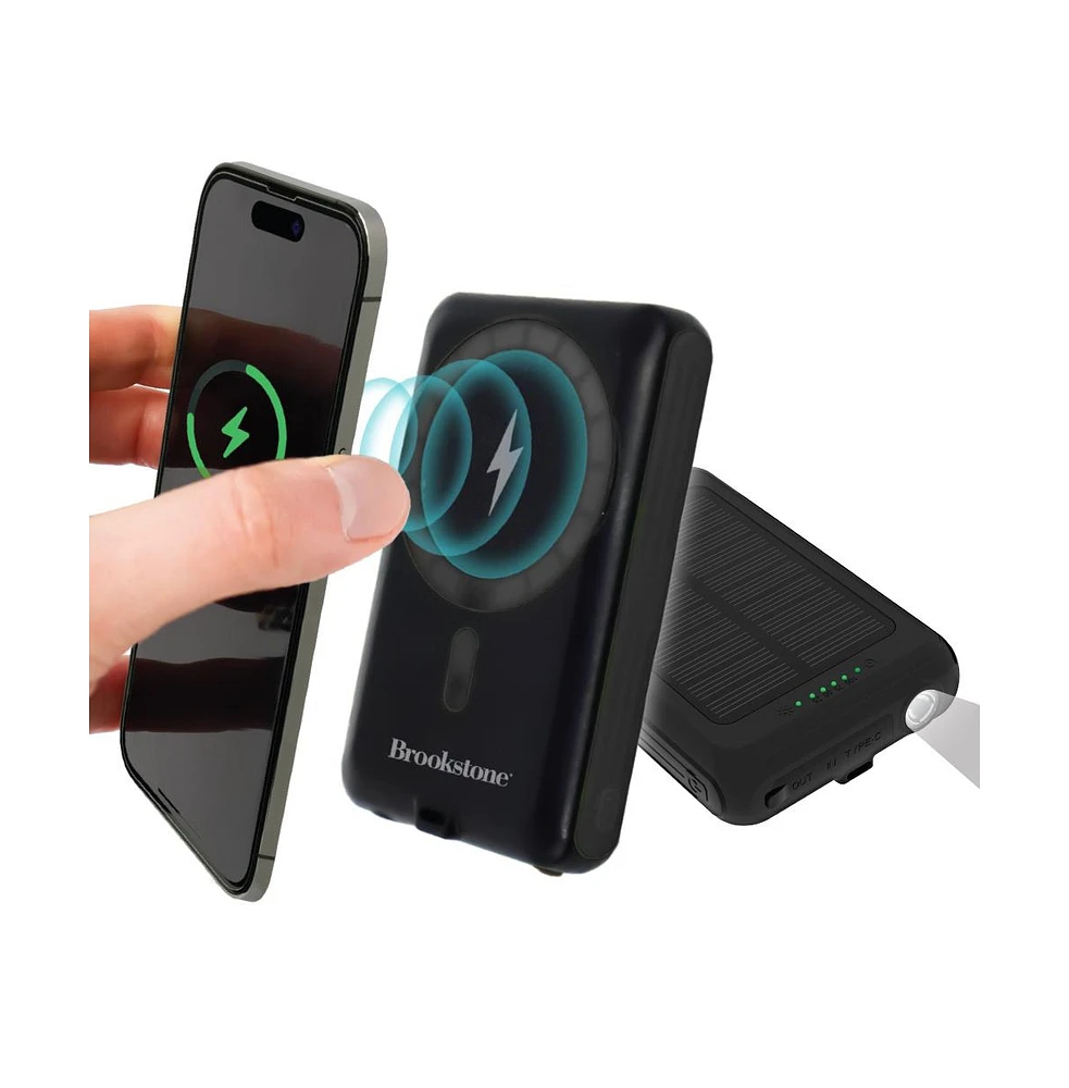 Brookstone 5,000mAh Solar Powered Magsafe Wireless Charging Multi-Port Power bank with Built-In Flash Light
