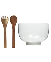 Gibson Home Wildgreens Large Glass Salad Bowl Set with Marble Base and Acacia Serving Utensils