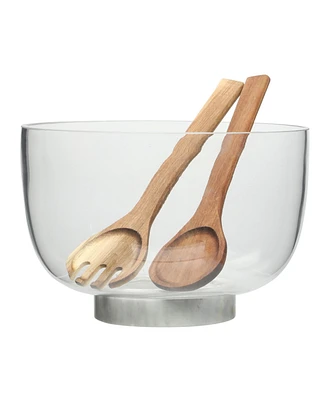 Gibson Home Wildgreens Large Glass Salad Bowl Set with Marble Base and Acacia Serving Utensils