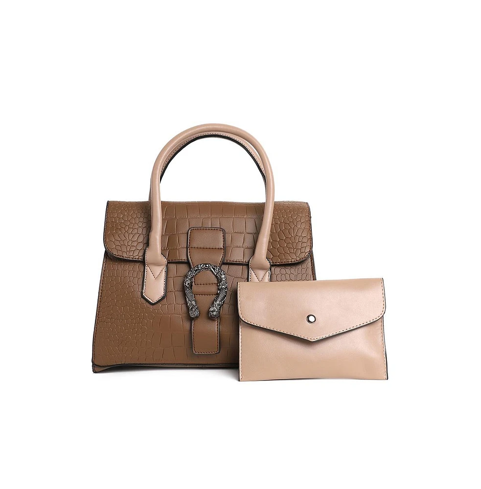 Women's Leather Brown Luster Tote Bag Set