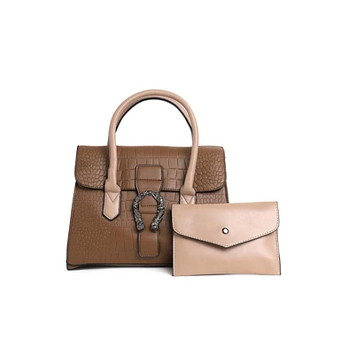 Women's Leather Brown Luster Tote Bag Set