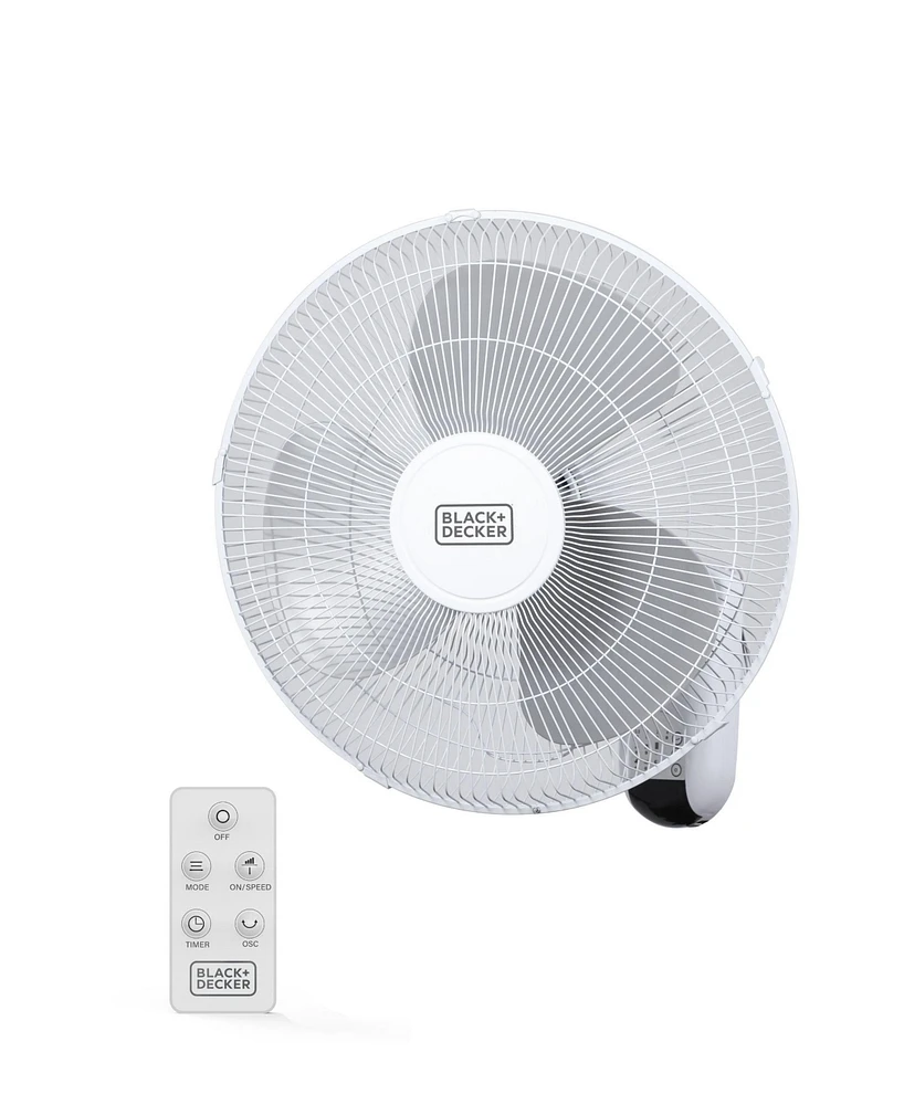Black+Decker 16" Wall Fan with Remote Control, Oscillating Fan with 3 Speed Settings and Shut Off Fan Timer, Wall Mount Fan with Adjustable Tilt