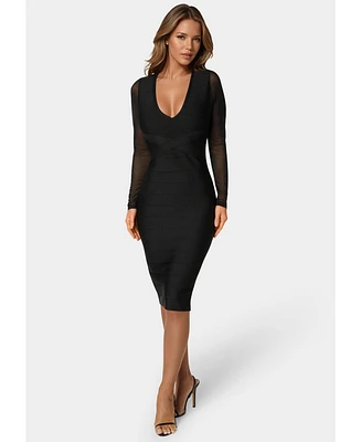 Bebe Women's V-Neck Bandage Dress with Illusion Sleeve