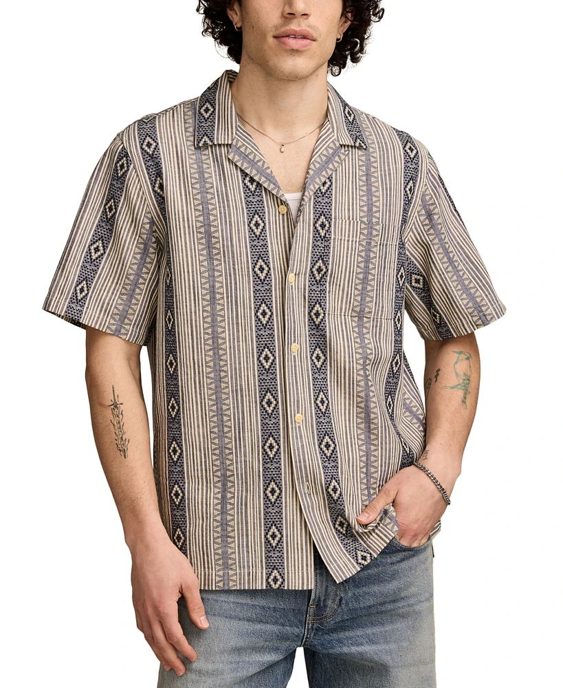 Lucky Brand Men's Relaxed Fit Short Sleeve Textured Striped Button-Front Camp Shirt