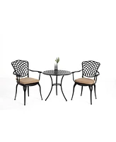 3-Piece Patio Bistro Set: Cast Aluminum Table, 2 Chairs, Umbrella Hole, Cushions (Black)