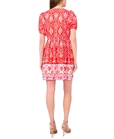 Msk Petite Placed Print Puff-Sleeve Swing Dress