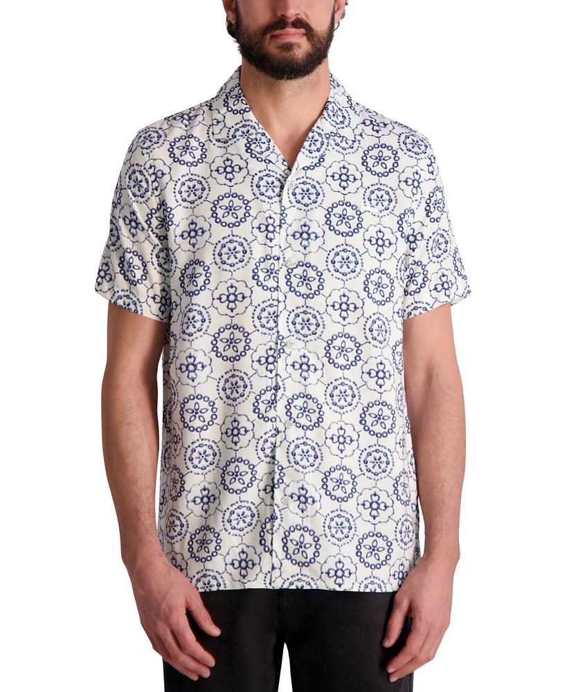 Karl Lagerfeld Paris Men's Medallion Print Pattern Short-Sleeve Shirt
