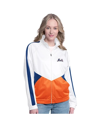G-iii Sports by Carl Banks Women's White/Royal New York Mets Rally Rhinestone Raglan Full-Zip Track Jacket