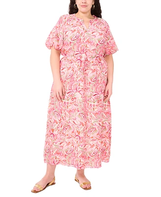Vince Camuto Plus Split Neck Puff Slv Maxi Dress W Waist Tie