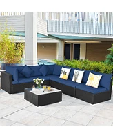 Gymax 7PCS Rattan Patio Conversation Set Sectional Furniture Set w/ Navy Cushion