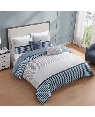 Bebejan Blue Geo Lines Bedding 100% Cotton Sateen 5 Piece Queen Size Reversible Comforter Set