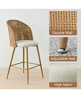 Set of 4 Rattan Back Bar Stools, 29" Beige Upholstered Bar Height Chairs with Woven Cane Back-Maison Boucle