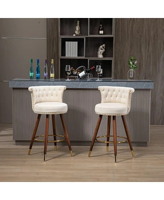 Set of 2 Swivel Bar Stools with Backrest and Footrest Upholstered Counter Height Chairs Solid Wood Legs for Kitchen Island Dining or Home Bar-The