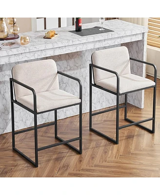 Set of 2 Modern Counter Height Bar Stools with Metal Frame Armrests and Upholstered Cushions for Kitchen Island Dining Room or Home Seating-The Po