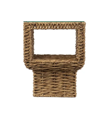 Square End Table with Glass Top and Rattan Wicker Base for Indoor Use