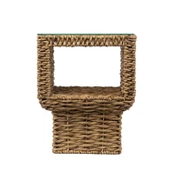 Square End Table with Glass Top and Rattan Wicker Base for Indoor Use