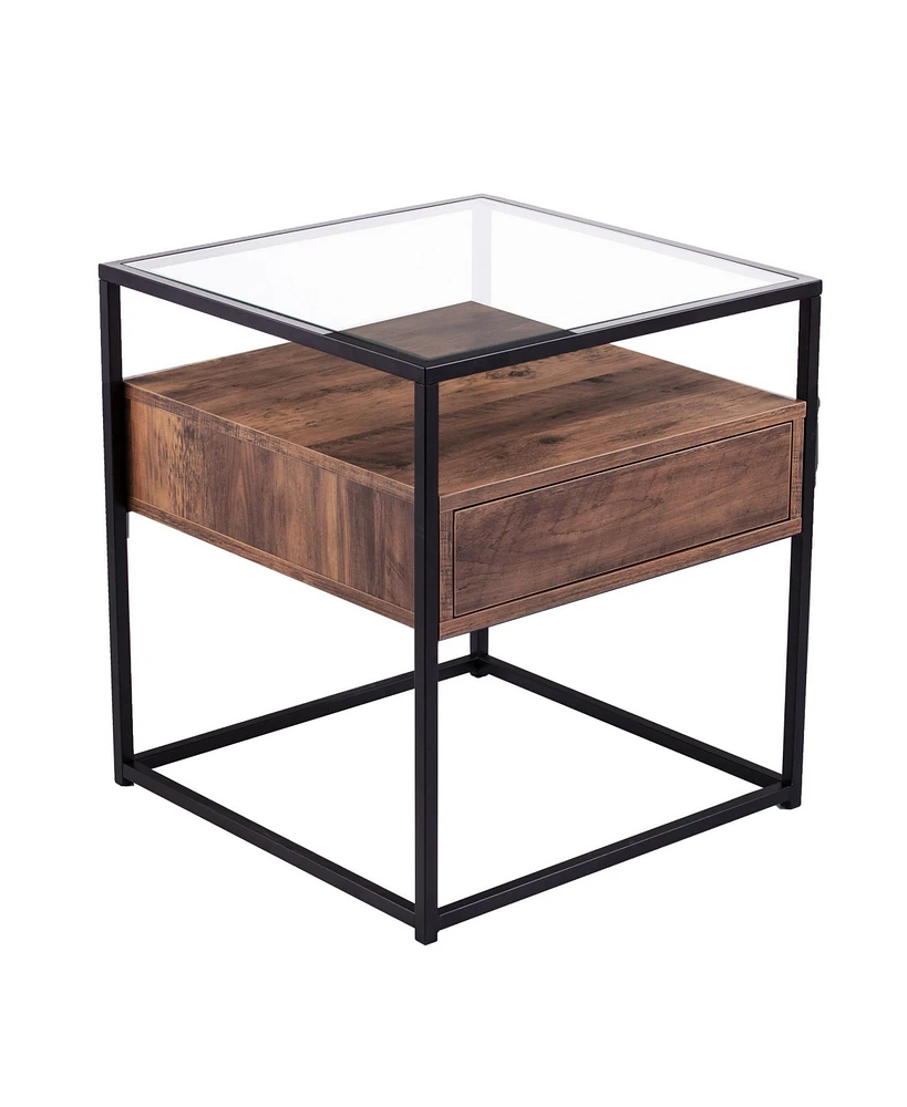 22" Black Glass And Iron Square End Table With Drawer With Shelf