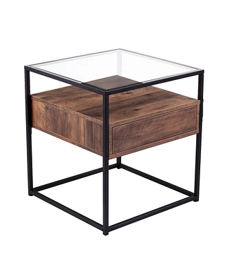 22" Black Glass And Iron Square End Table With Drawer With Shelf
