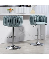 Set of 2 Adjustable Swivel Bar Stools with Woven Fabric Back and Footrest Modern Upholstered Counter Height Chairs for Kitchen Island or Area-The