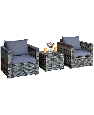 3 Pcs Patio Rattan Furniture Bistro Set Cushioned Sofa Chair Glass Table Garden