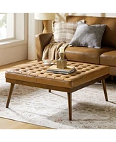 Aurora Modern Genuine Leather Ottoman With Solid Wood Legs