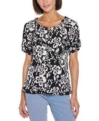 Belldini Women's Grommet Detail Floral Short Sleeve Knit Top