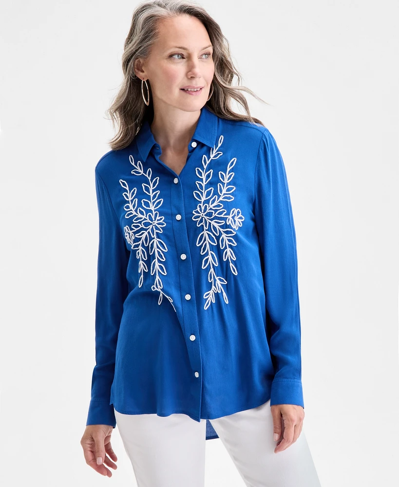 Style & Co Women's Embroidered Perfect Shirt, Exclusively at Macy's