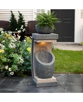 LuxenHome Gray Resin Column and Bowl Sculpture Outdoor Fountain with Lights