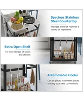 2-Tier Stainless Steel Grill Cart with 4 Hooks and Wheels Bbq Table