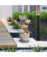 LuxenHome Gray Cascading Bowls and Column Resin Outdoor Fountain with Led Lights