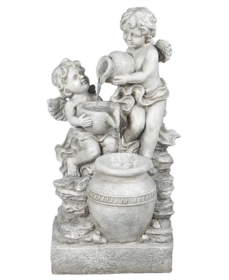 LuxenHome Gray Resin Cherub Angels Outdoor Fountain with Led Light