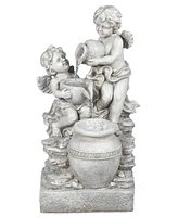 LuxenHome Gray Resin Cherub Angels Outdoor Fountain with Led Light