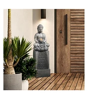 LuxenHome Resin Meditating Buddha on Column Lighted Outdoor Fountain