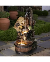 LuxenHome Puppy at the Farmhouse Faucet Resin Outdoor Fountain with Lights