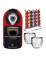 ChefWave Espresso Machine for use with Nespresso Capsules (Red), Holder and Cups