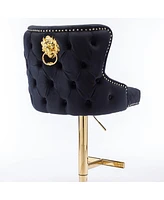 Velvet Adjustable Bar Stool with Tufted Backrest Lion Head Ring and Gold Metal Base for Kitchen Island Dining Room or Home Set of 1-The Pop
