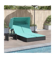 Double Sun Lounger with Canopy and Cushions Poly Rattan