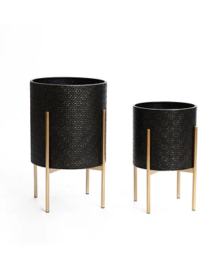 LuxenHome Set of 2 Black Floral Stamped Metal Cachepot Planters
