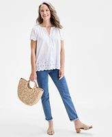 Style & Co Petite Eyelet Embroidered Cotton Flutter-Sleeve Top, Exclusively at Macy's