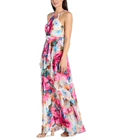 R & M Richards Petite Floral Halter Ruched-Waist Gown