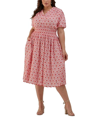 Ella Rafaella Plus Smocked Puff Short Sleeve Dress