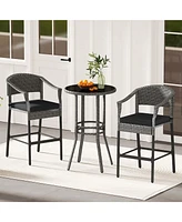 3-Piece Patio Rattan Bar Set Wicker Bar Height Armchairs & Round Table